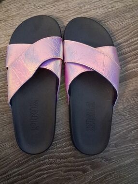 PINK Victoria's Secret Iridescent Pink Crisscross Slide Sandals